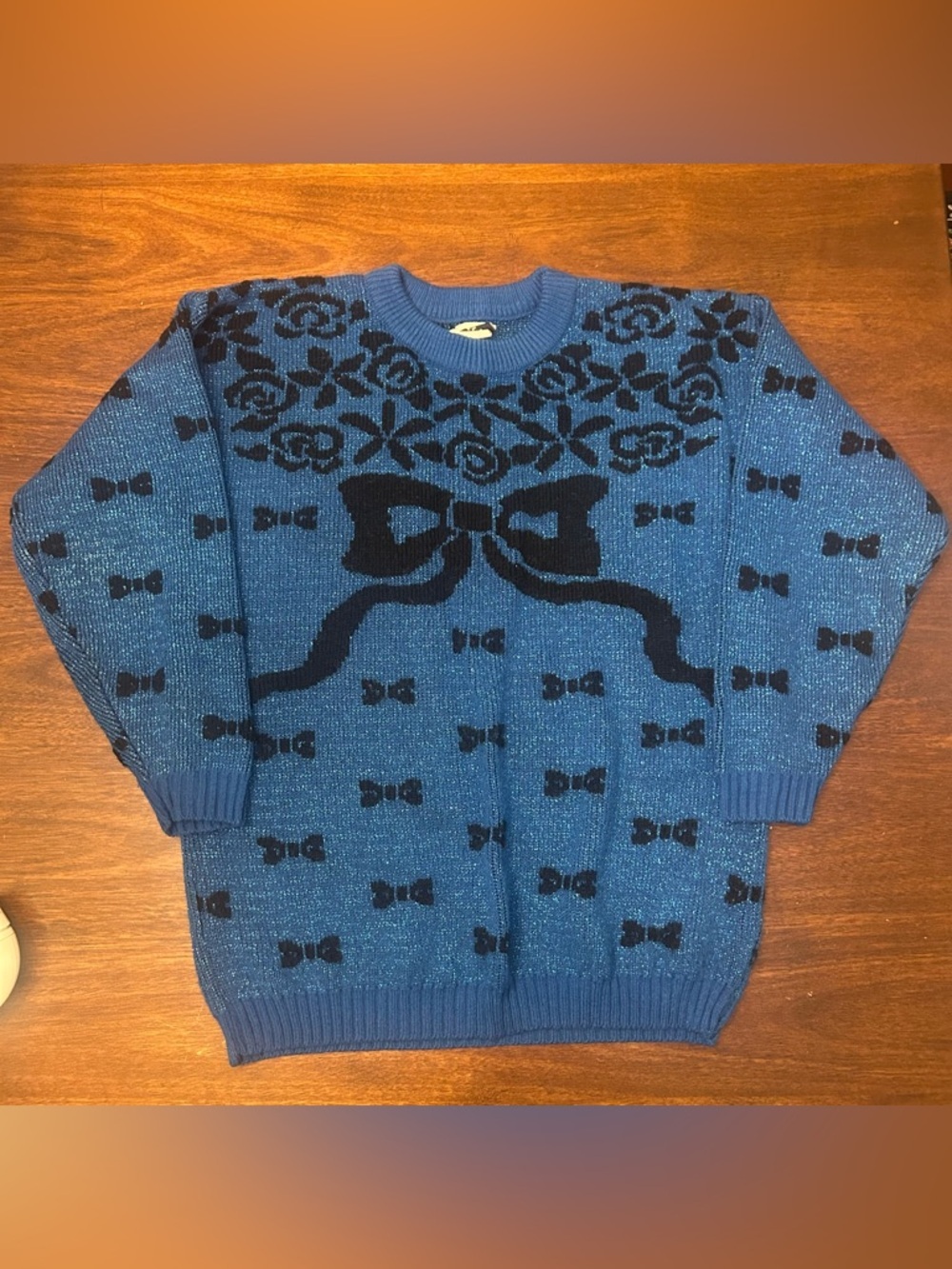 Vintage Etro Blue Crewneck Sweater with Black Bow and Floral Motif